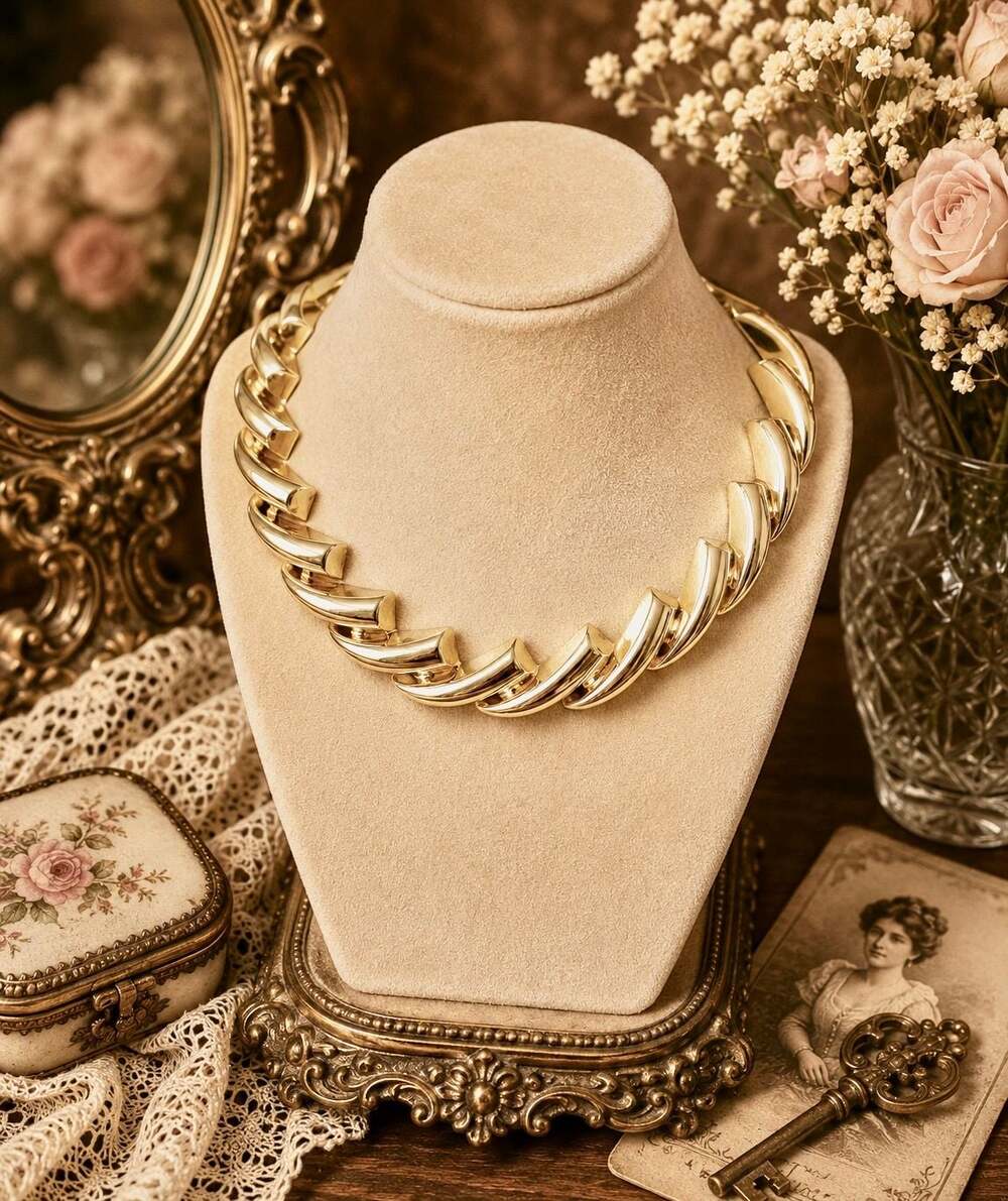 Vintage Gold Tone Chunky Segmented Collar Necklace